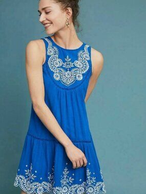 Anthropologie Meadow Rue Embroidered Blue Boho Dress Sleeveless Size 2